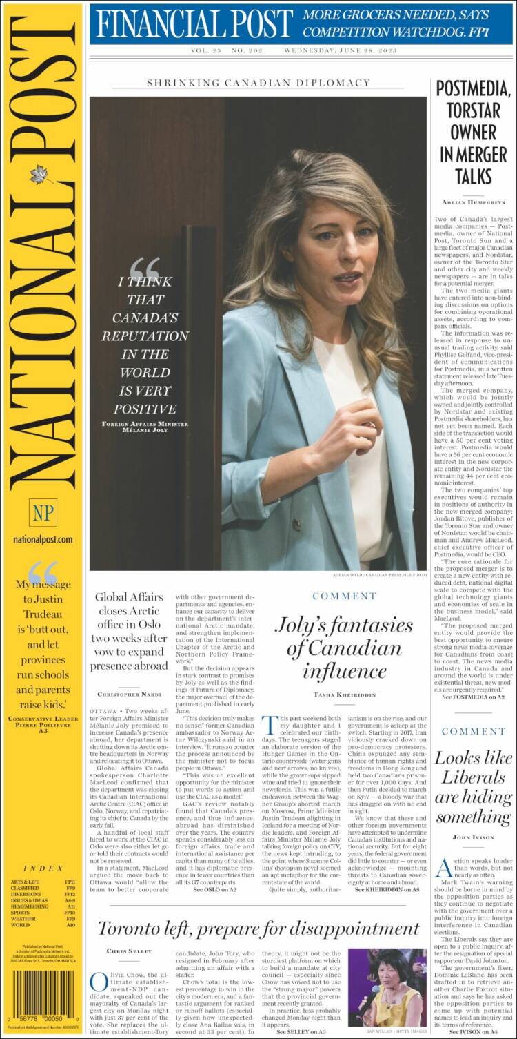Portada de The National Post (Canadá)