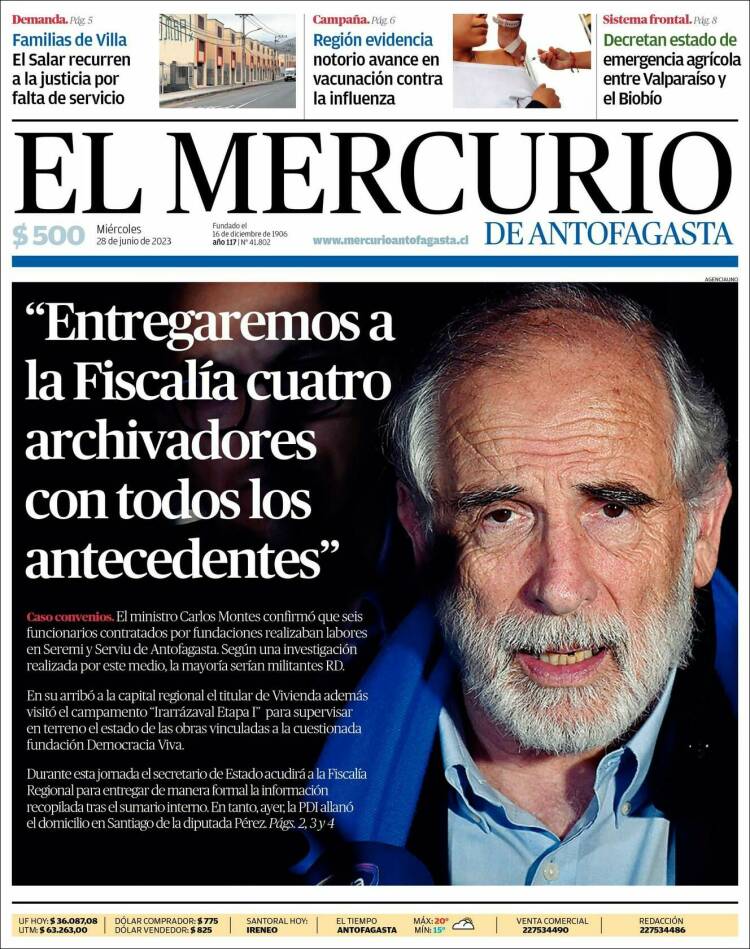 Portada de El Mercurio de Antofagasta (Chile)