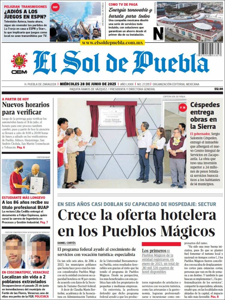 Portada de El Sol de Puebla (M&eacute;xico)