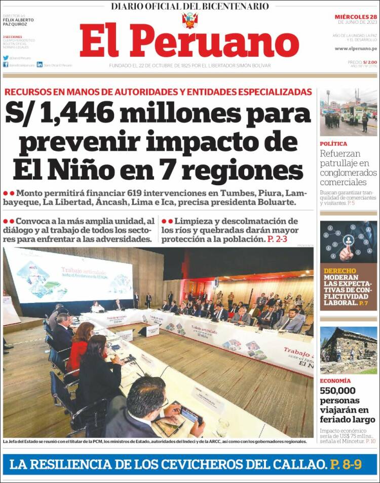 Portada de El Peruano (Perú)