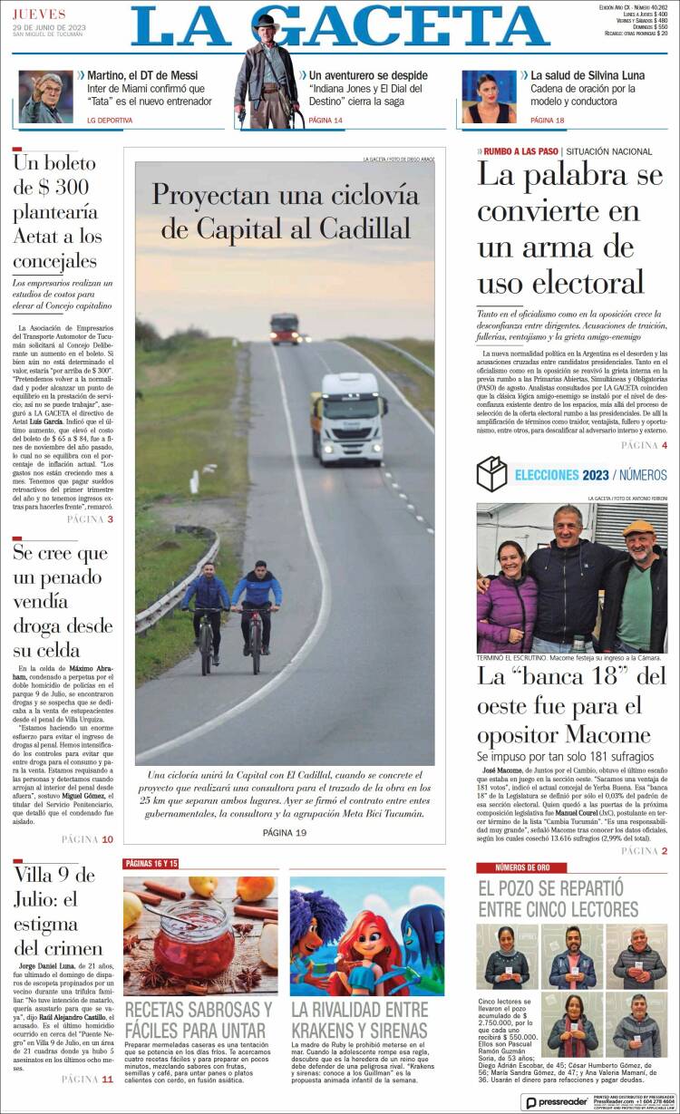 Portada de La Gaceta (Argentina)