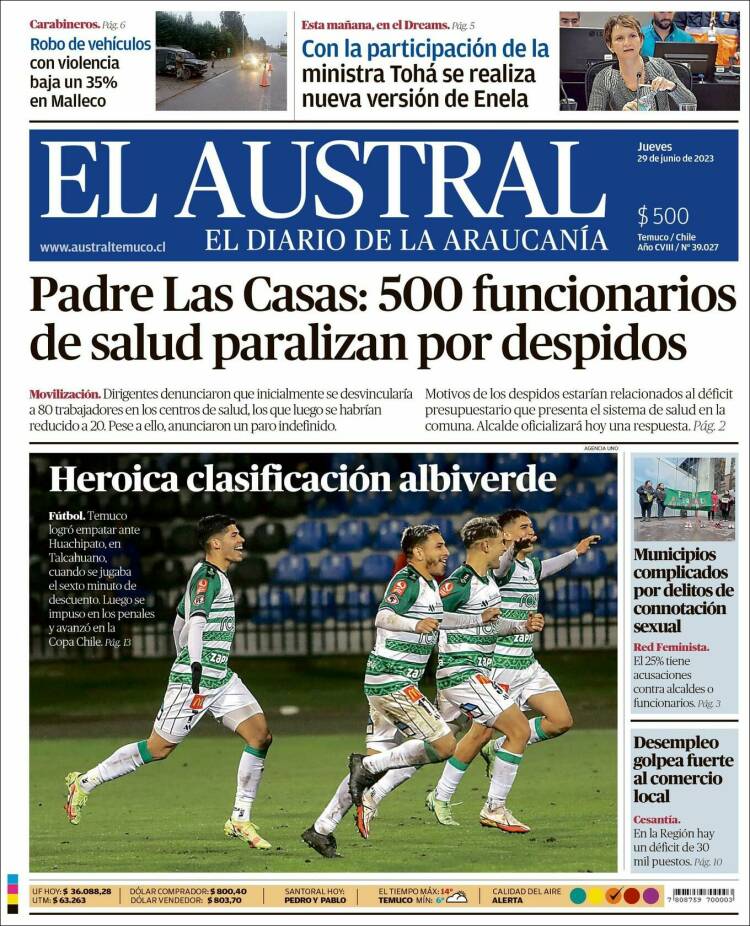 Portada de El Austral de Temuco (Chile)