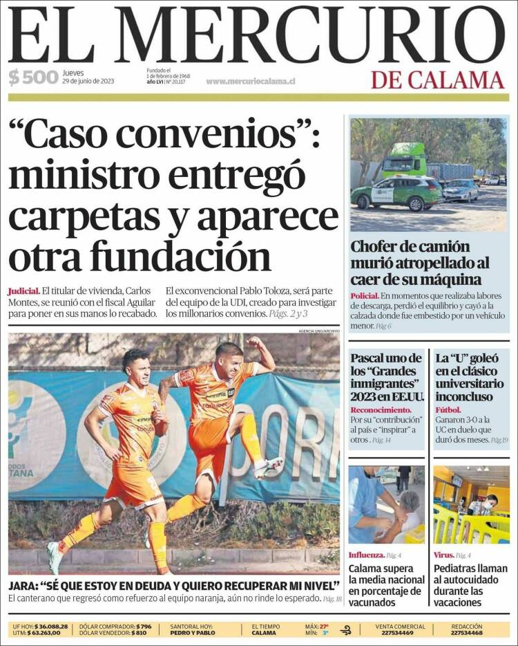 Portada de El Mercurio - Calama (Chile)