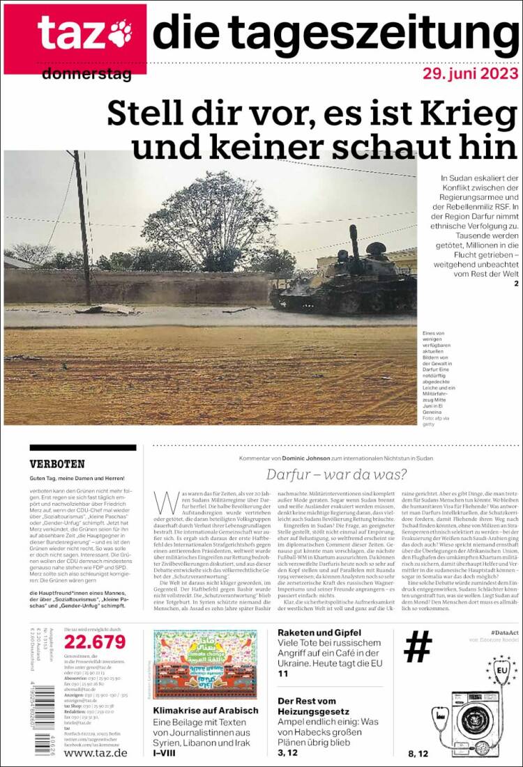 Portada de Die Tageszeitung (Alemania)