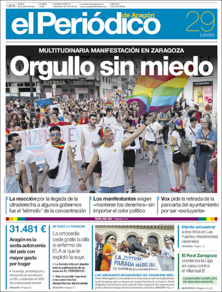 Portada de El Periódico de Aragón (España)