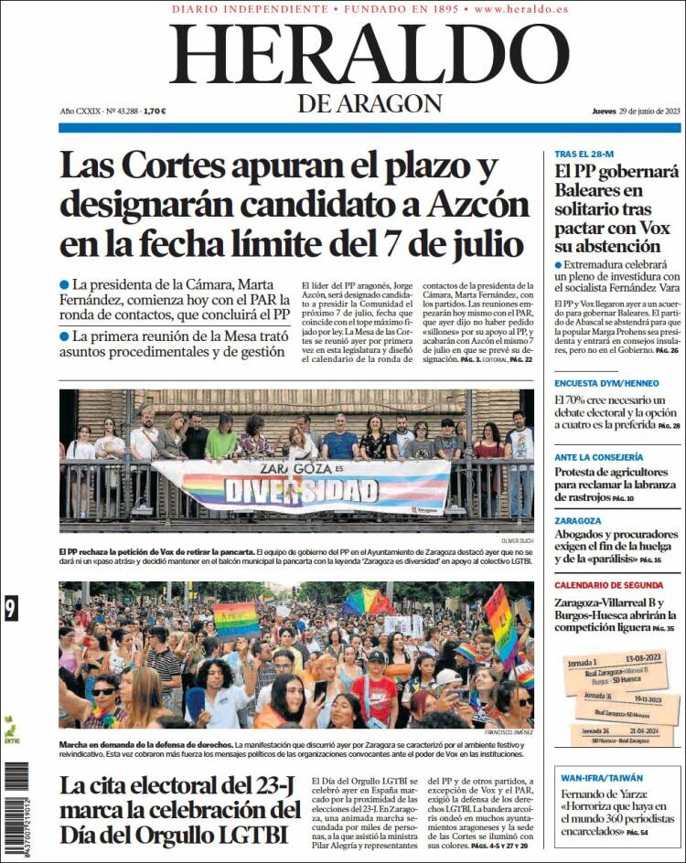 Portada de Heraldo de Aragón (España)