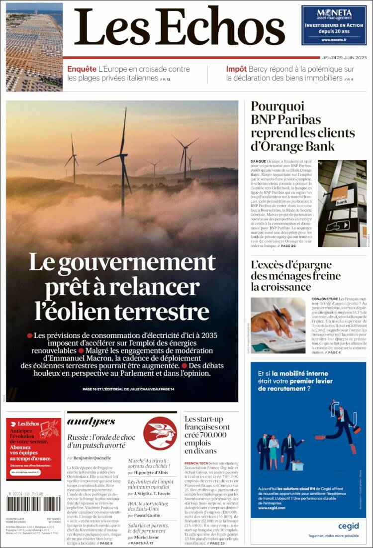 Portada de Les Echos (Francia)