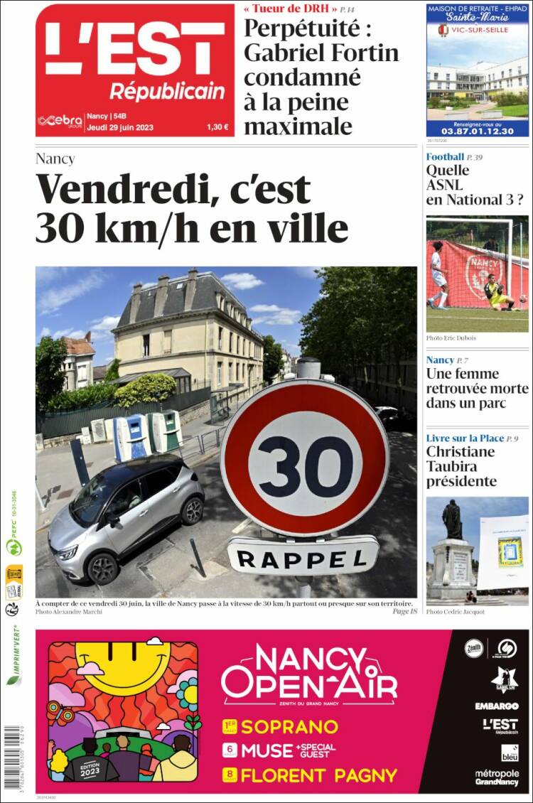 Portada de L'Est Republicain (Francia)