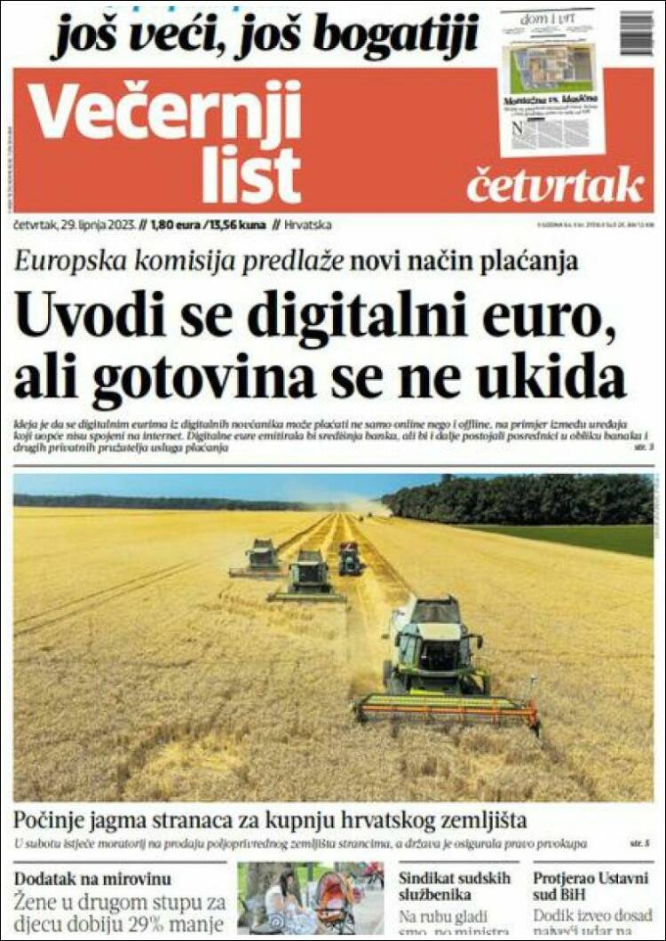 Portada de Večernji (Croacia)