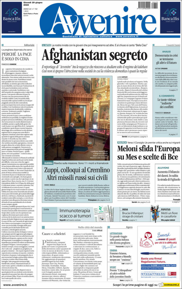 Portada de Avvenire (Italia)