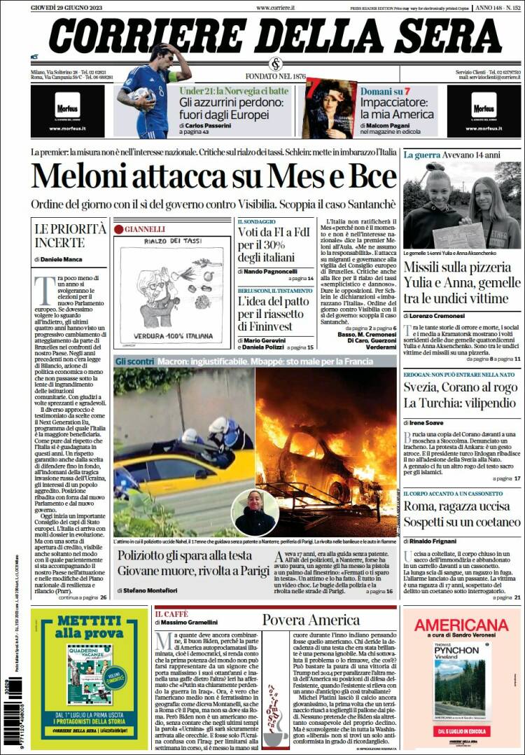 Portada de Corriere della Sera (Italia)