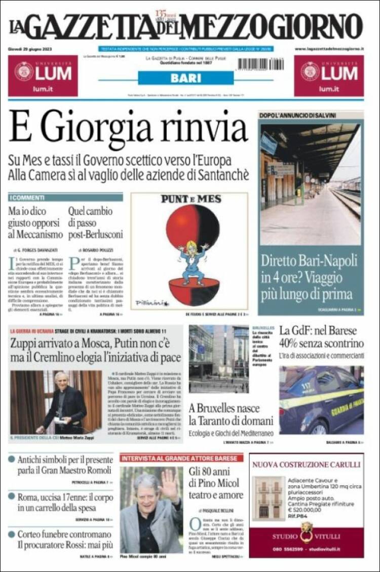 Portada de La Gazzetta del Mezzogiorno (Italia)