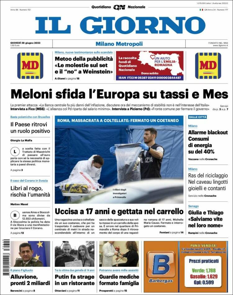 Portada de Il Giorno (Italia)