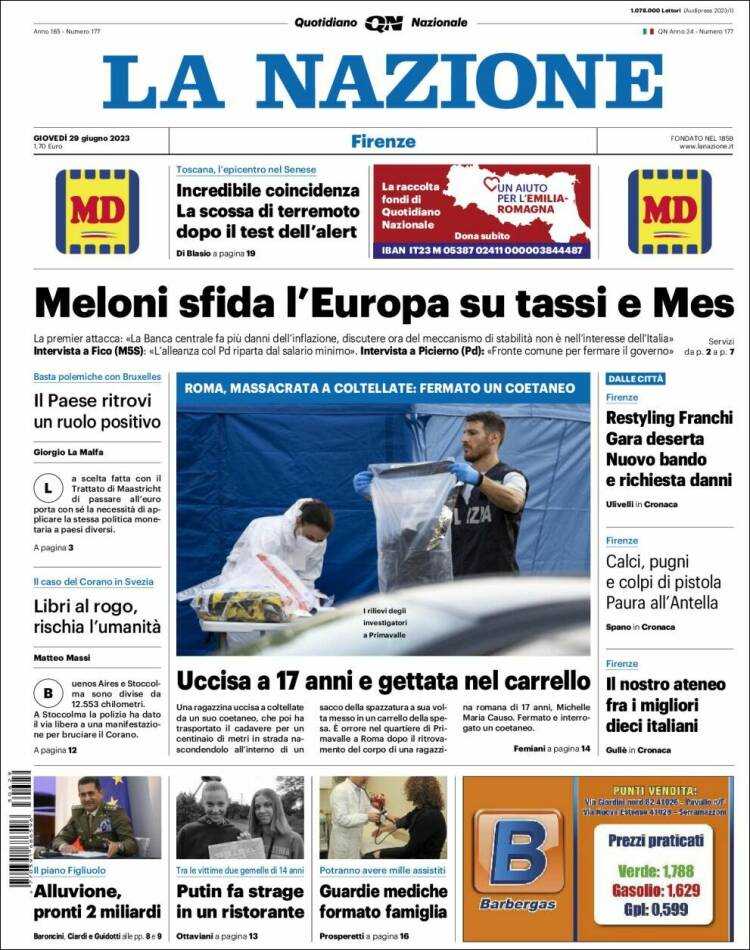 Portada de La Nazione (Italia)