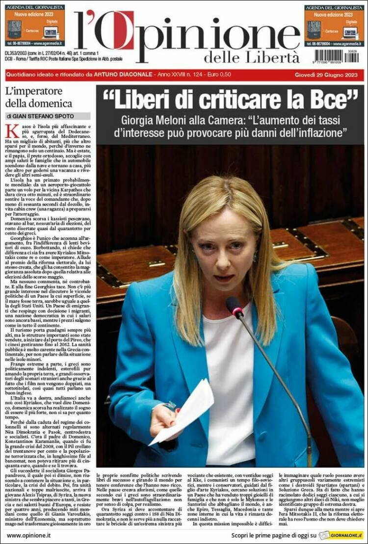 Portada de L'Opinione  delle Libertà (Italia)