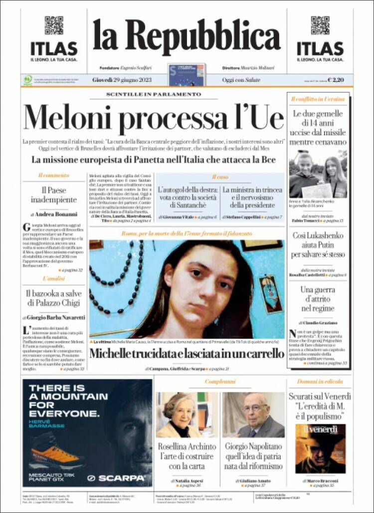 Portada de La Repubblica (Italia)