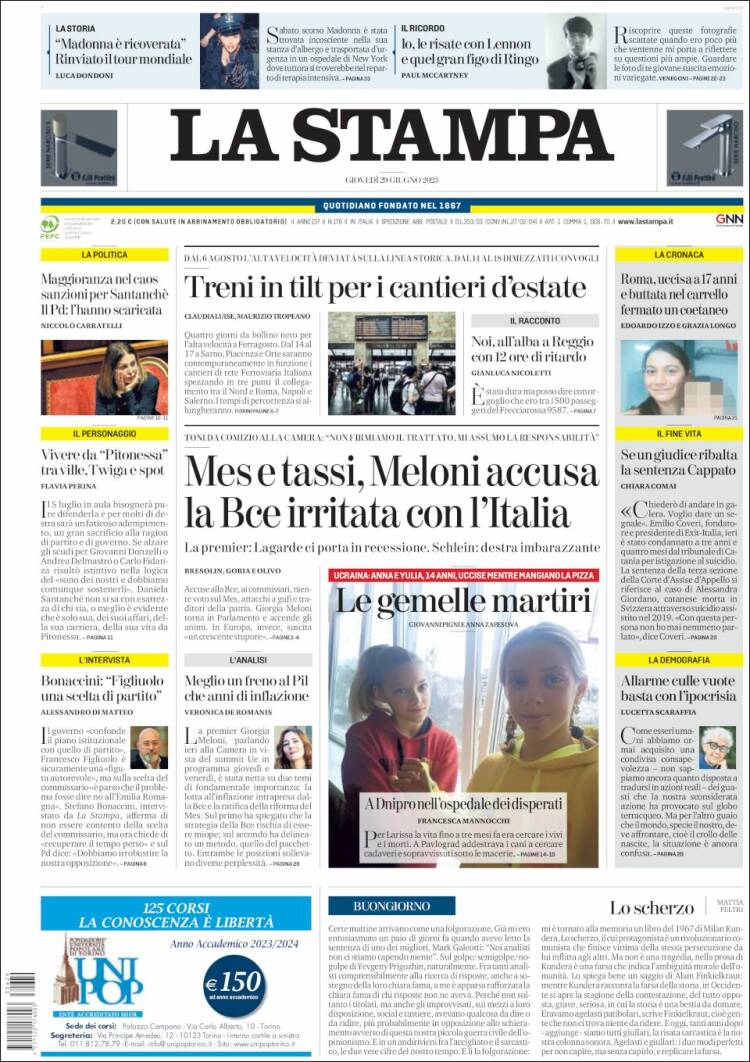 Portada de La Stampa (Italia)