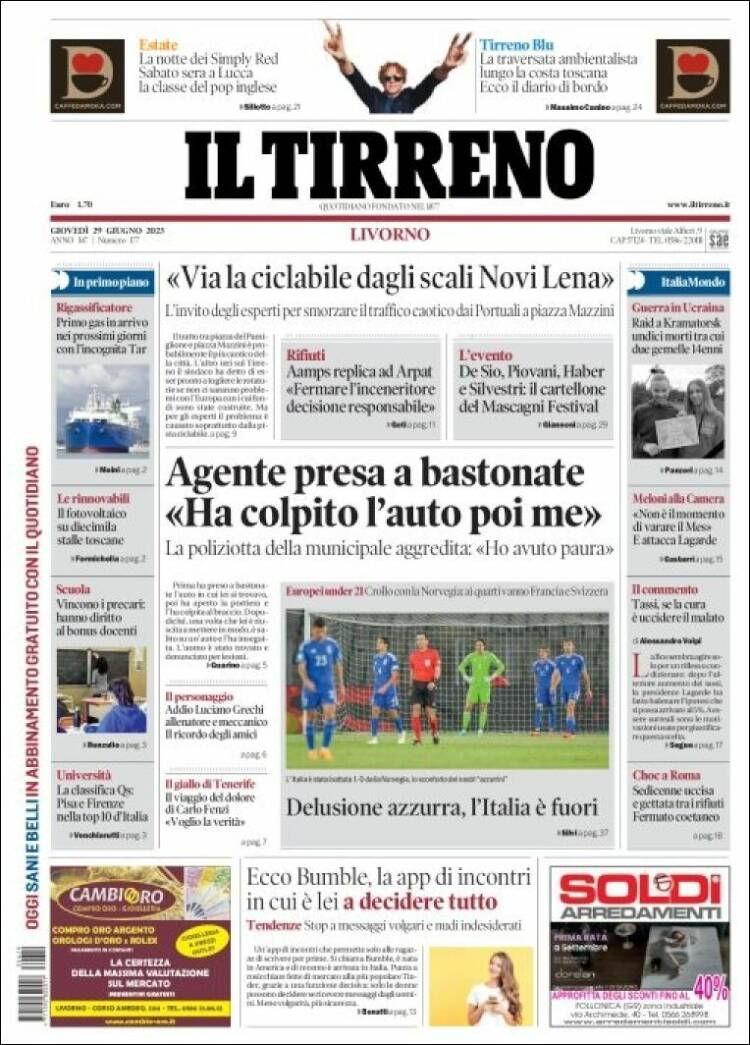 Portada de Il Tirreno (Italia)