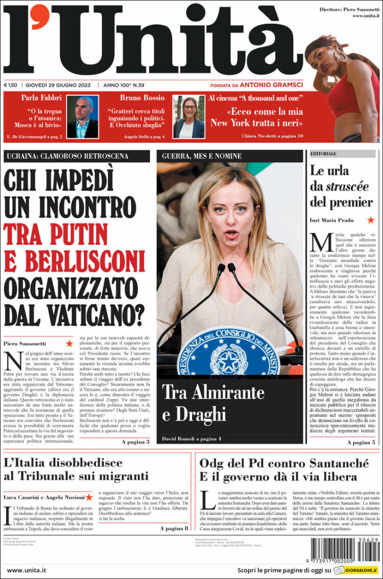 Portada de l'Unità (Italia)
