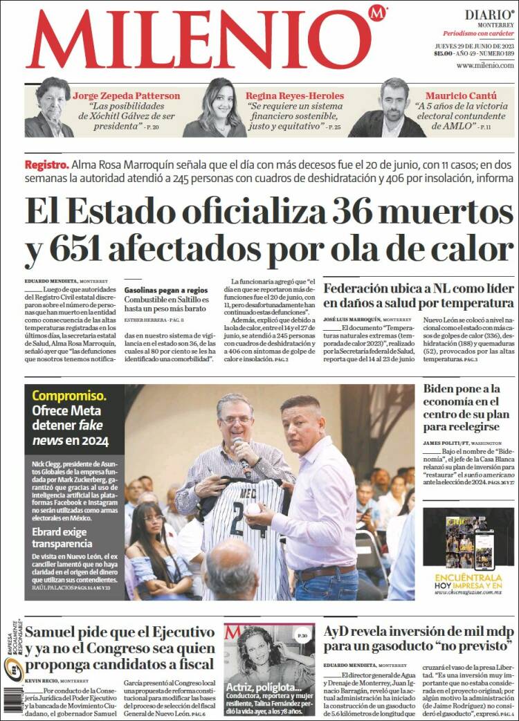 Portada de Milenio de Monterrey (México)