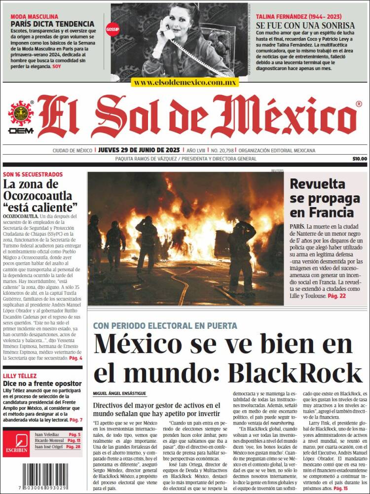 Portada de El Sol de México (México)