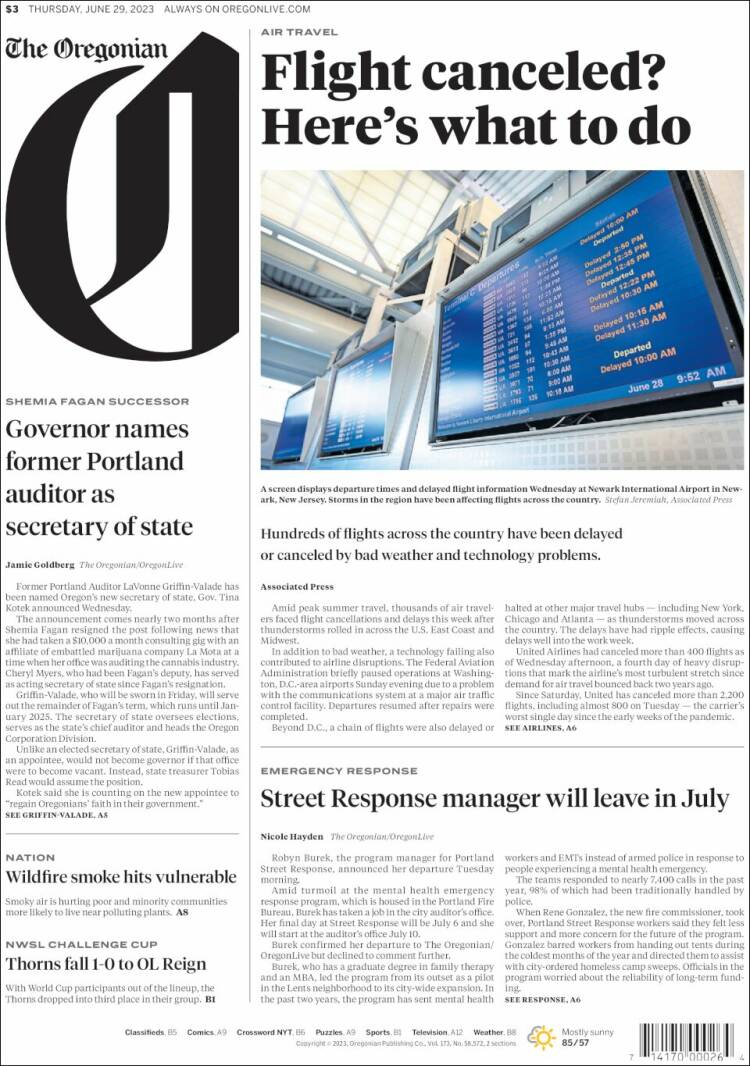 Portada de The Oregonian (USA)