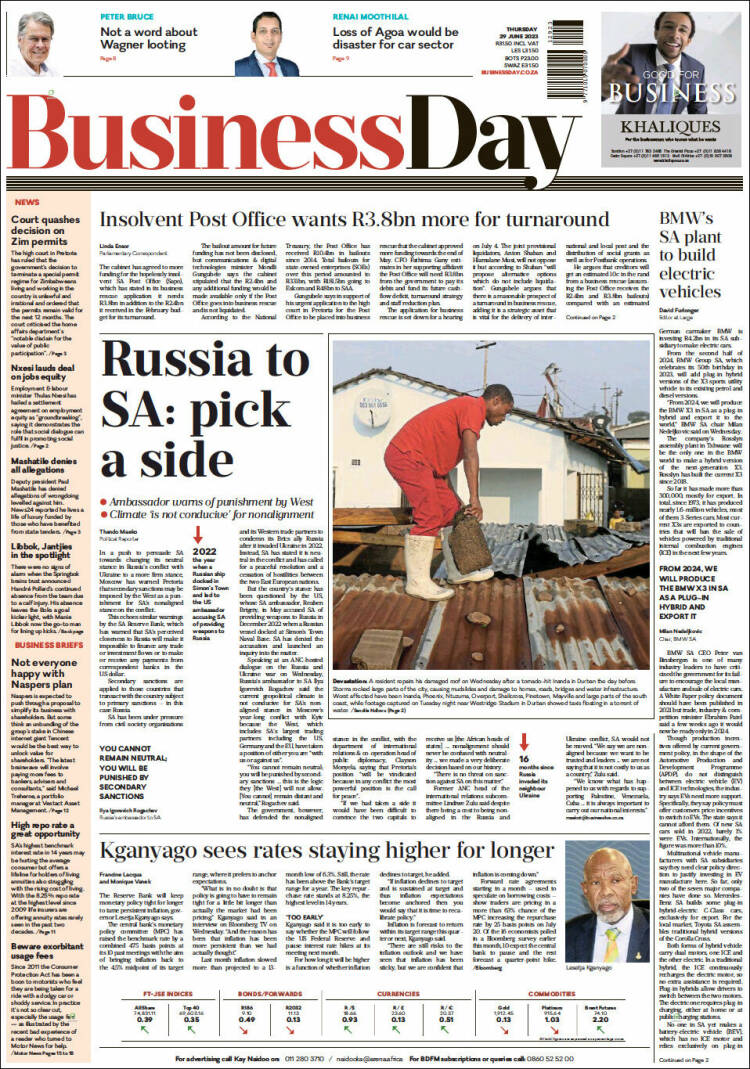 Portada de Business Day (Sud&aacute;frica)