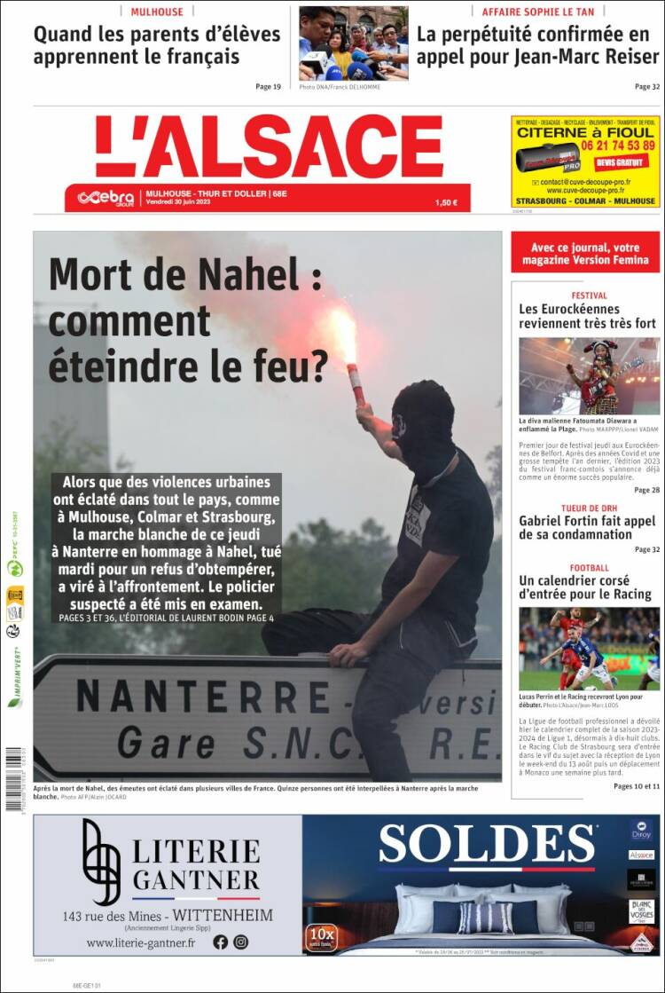 Portada de Journal L'Alsace (Francia)