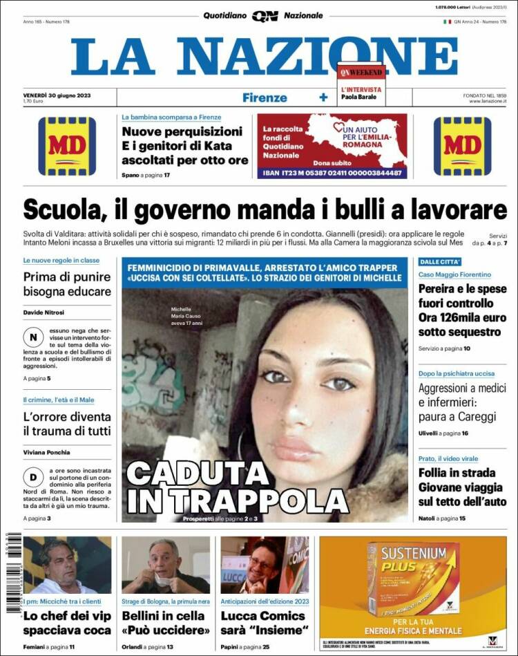 Portada de La Nazione (Italia)