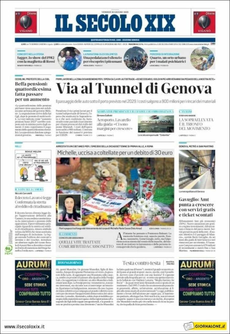 Portada de Il Secolo XIX (Italia)