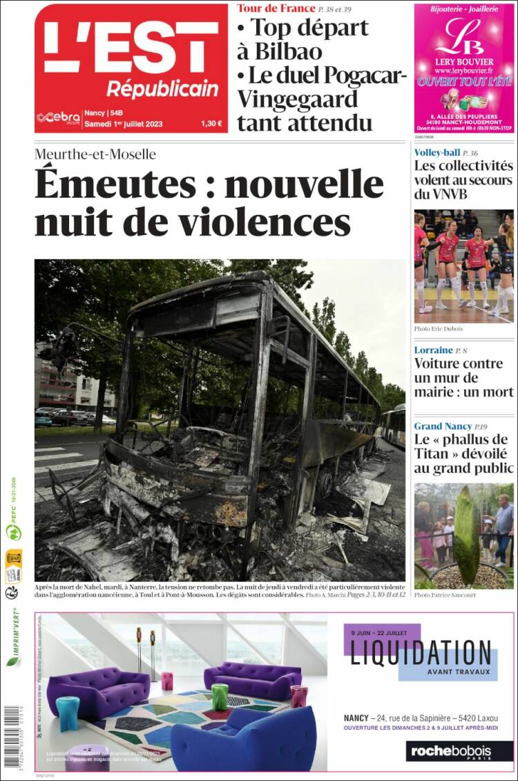 Portada de L'Est Republicain (Francia)