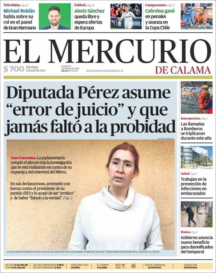 Portada de El Mercurio - Calama (Chile)