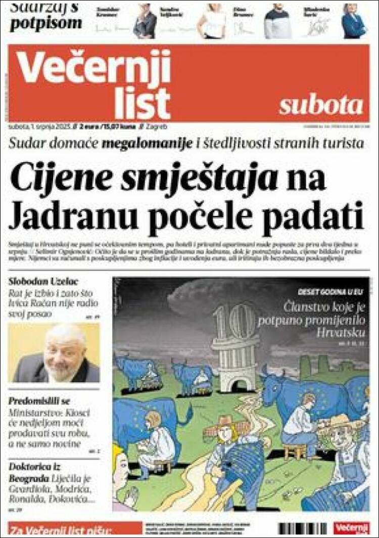 Portada de Večernji (Croacia)