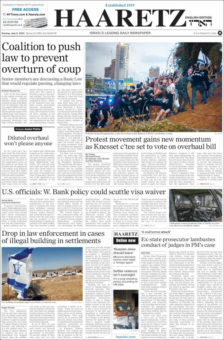 Portada de Haaretz (Israel)