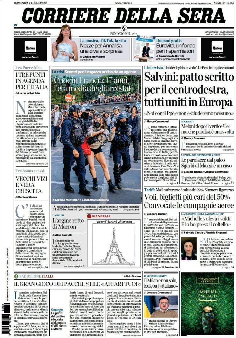 Portada de Corriere della Sera (Italia)
