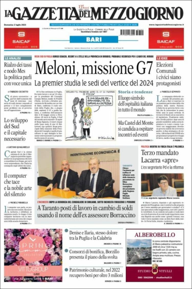 Portada de La Gazzetta del Mezzogiorno (Italia)