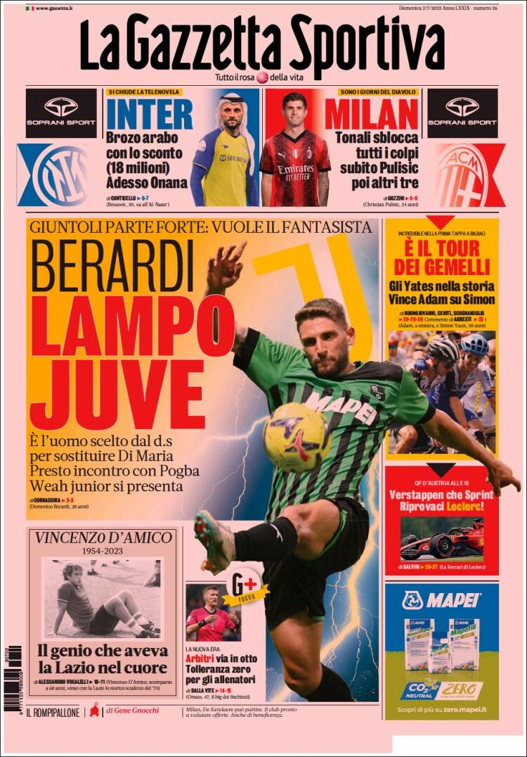 Portada de La Gazzetta dello Sport (Italia)