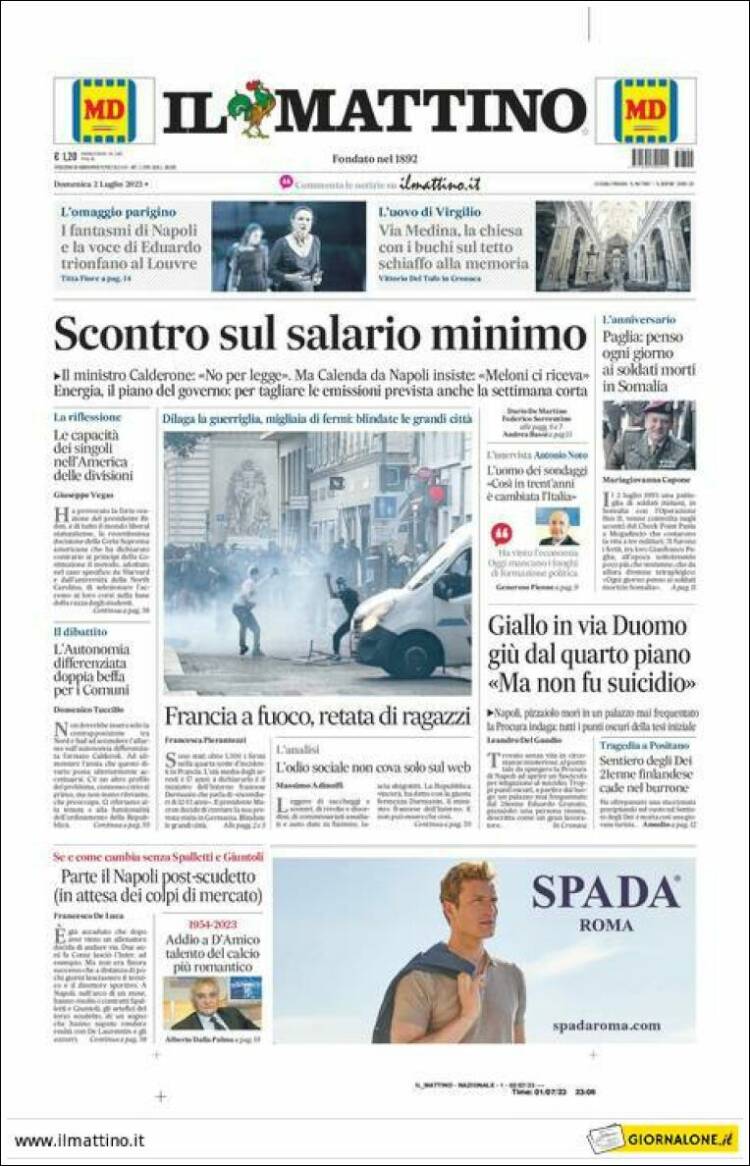 Portada de Il Mattino (Italia)
