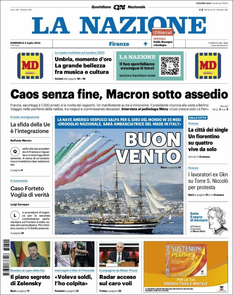 Portada de La Nazione (Italia)