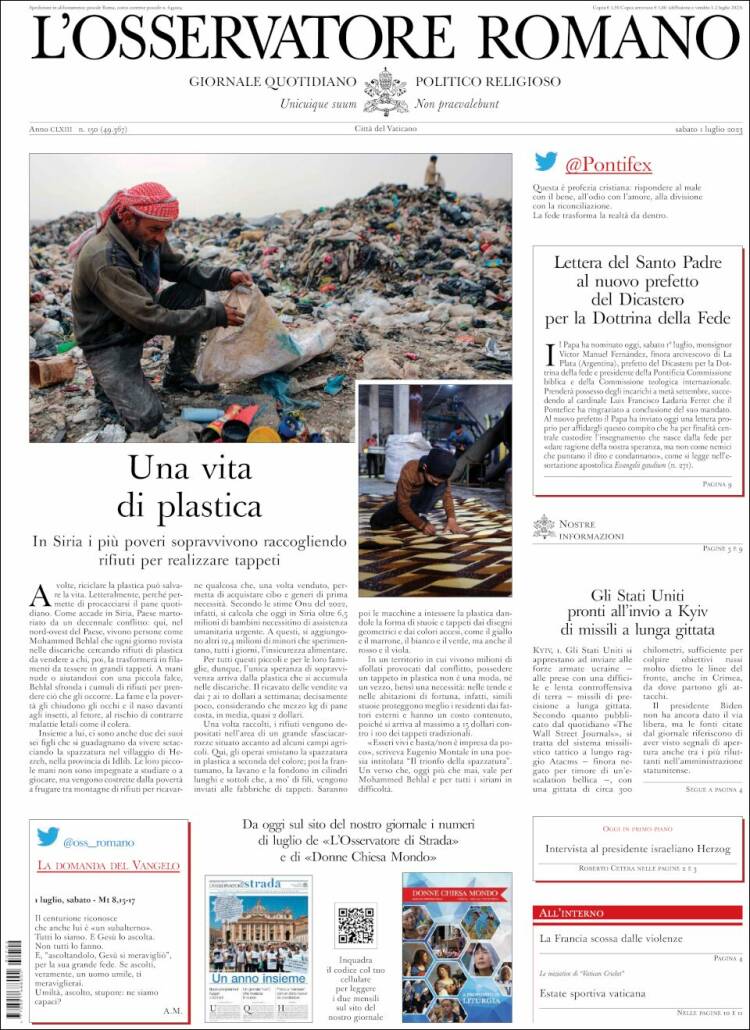 Portada de L'Osservatore Romano (Italia)