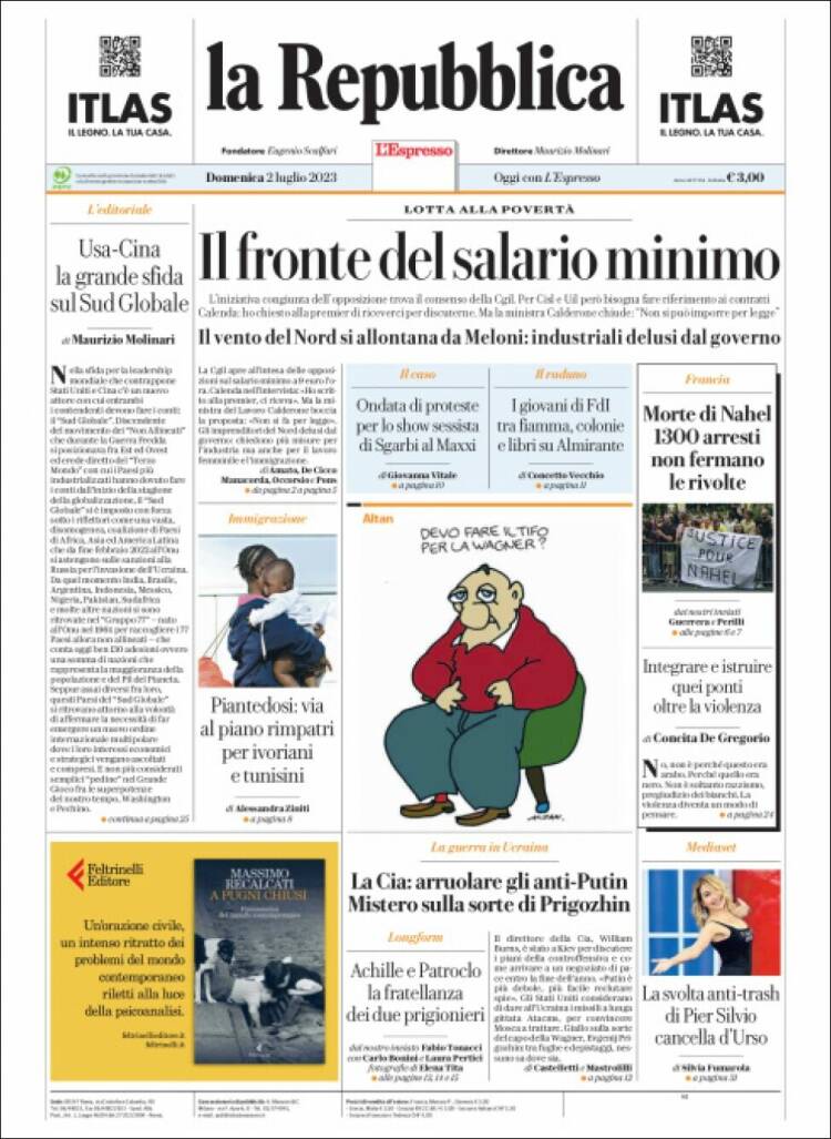 Portada de La Repubblica (Italia)