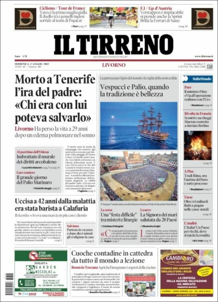 Portada de Il Tirreno (Italia)