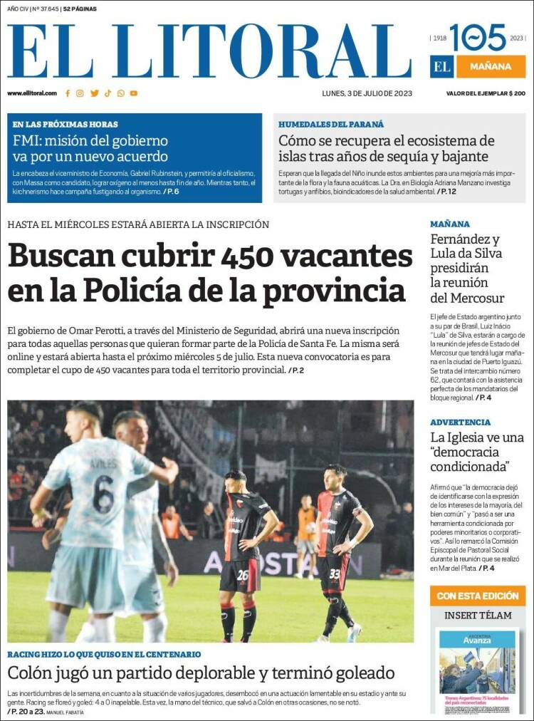 Portada de Diario El Litoral (Argentina)