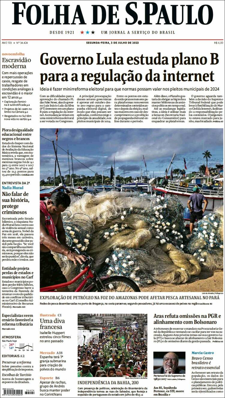 Portada de Folha de São Paulo (Brasil)
