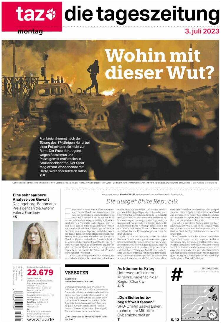Portada de Die Tageszeitung (Alemania)