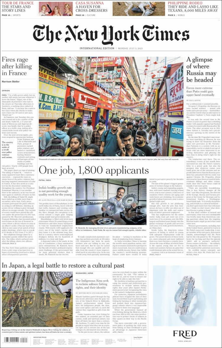 Portada de International New York Times (Europa)