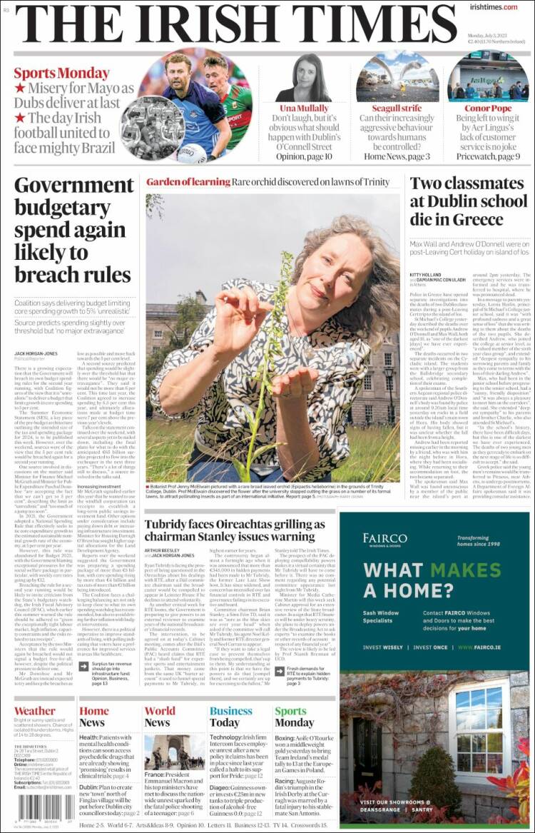 Portada de Irish Times (Irlanda)