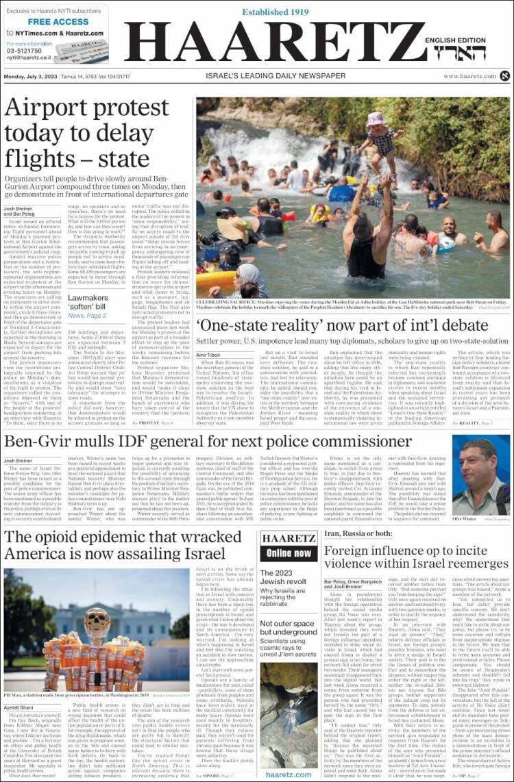 Portada de Haaretz (Israel)