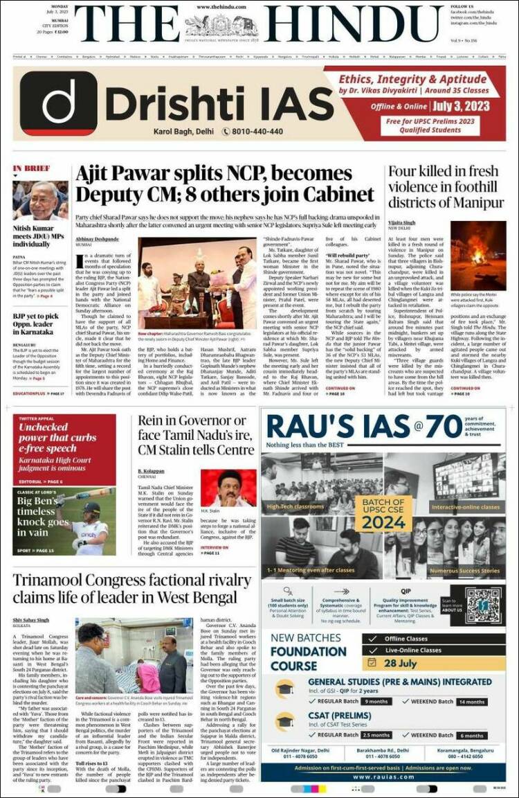 Portada de The Hindu (India)