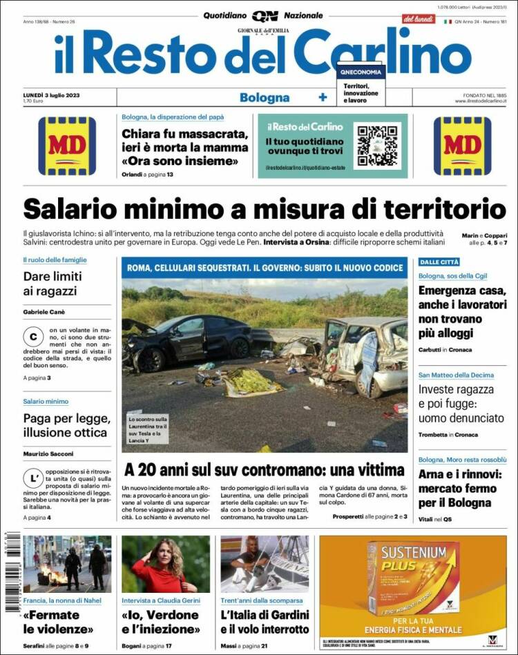 Portada de Il Resto del Carlino (Italia)